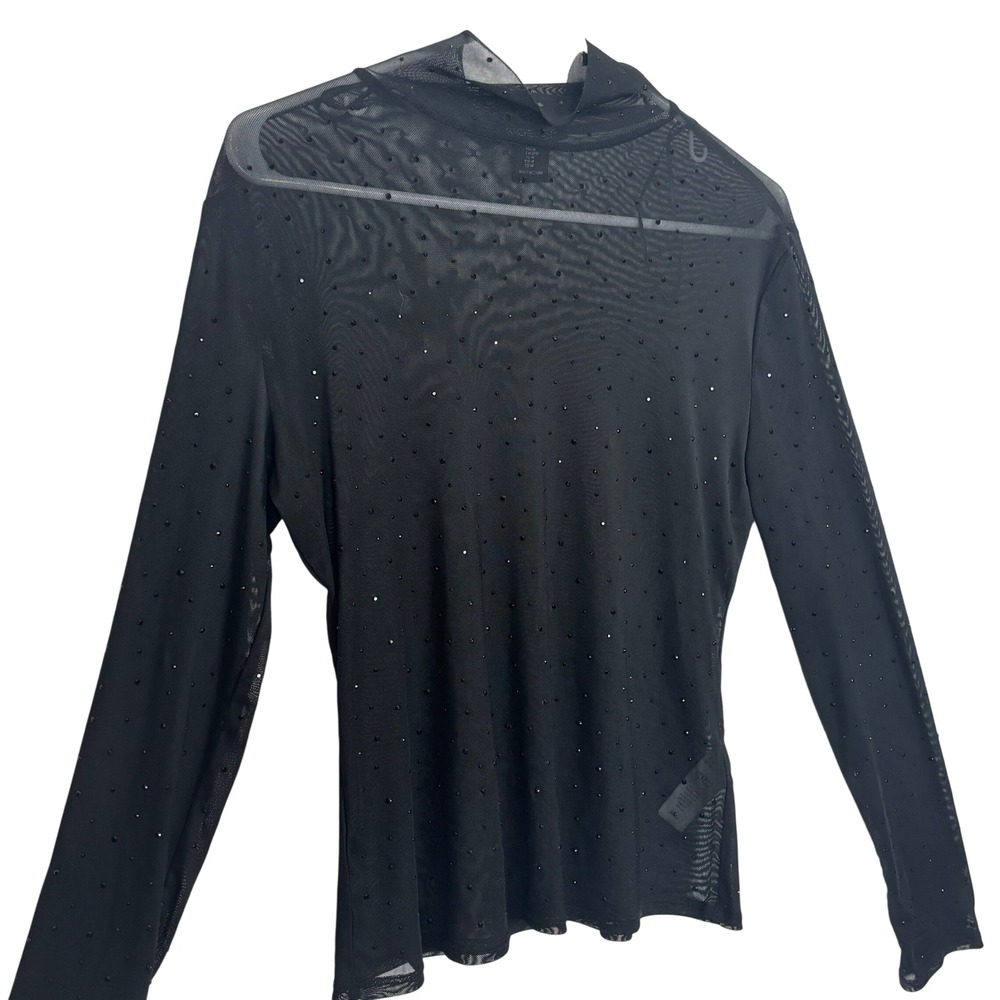 Rachel Zoe Sheer Mesh Top Women Medium Black Rhinestone Mock Neck Long Sleeve